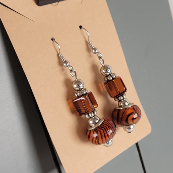Brown Glass Bead Dangle Earrings Pierced Silver Tone Boho Drop Jewelry Gift Bag - Picture 5 of 12